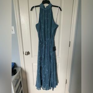 NWT Dusty Blue Halter Side-slit Belted Midi dress